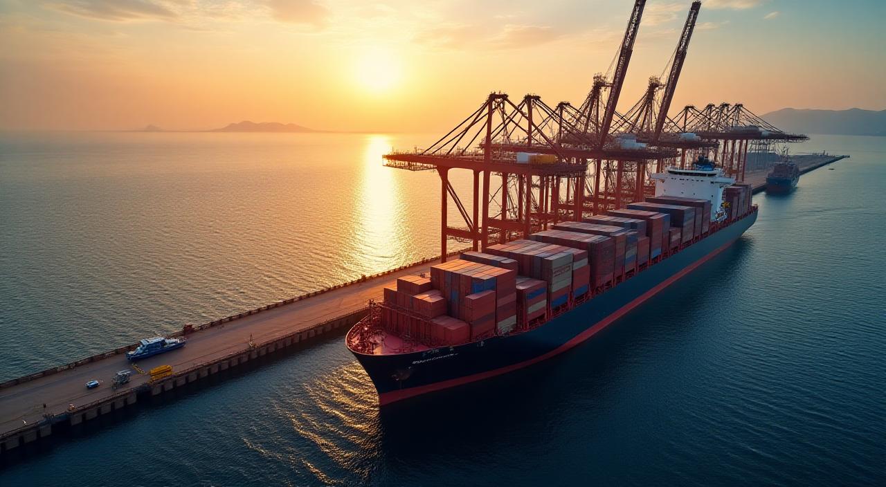 Global shipping ports and legal documentation representing international trade