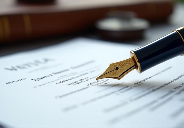 Close-up of a professional legal contract and a fountain pen on a mahogany desk